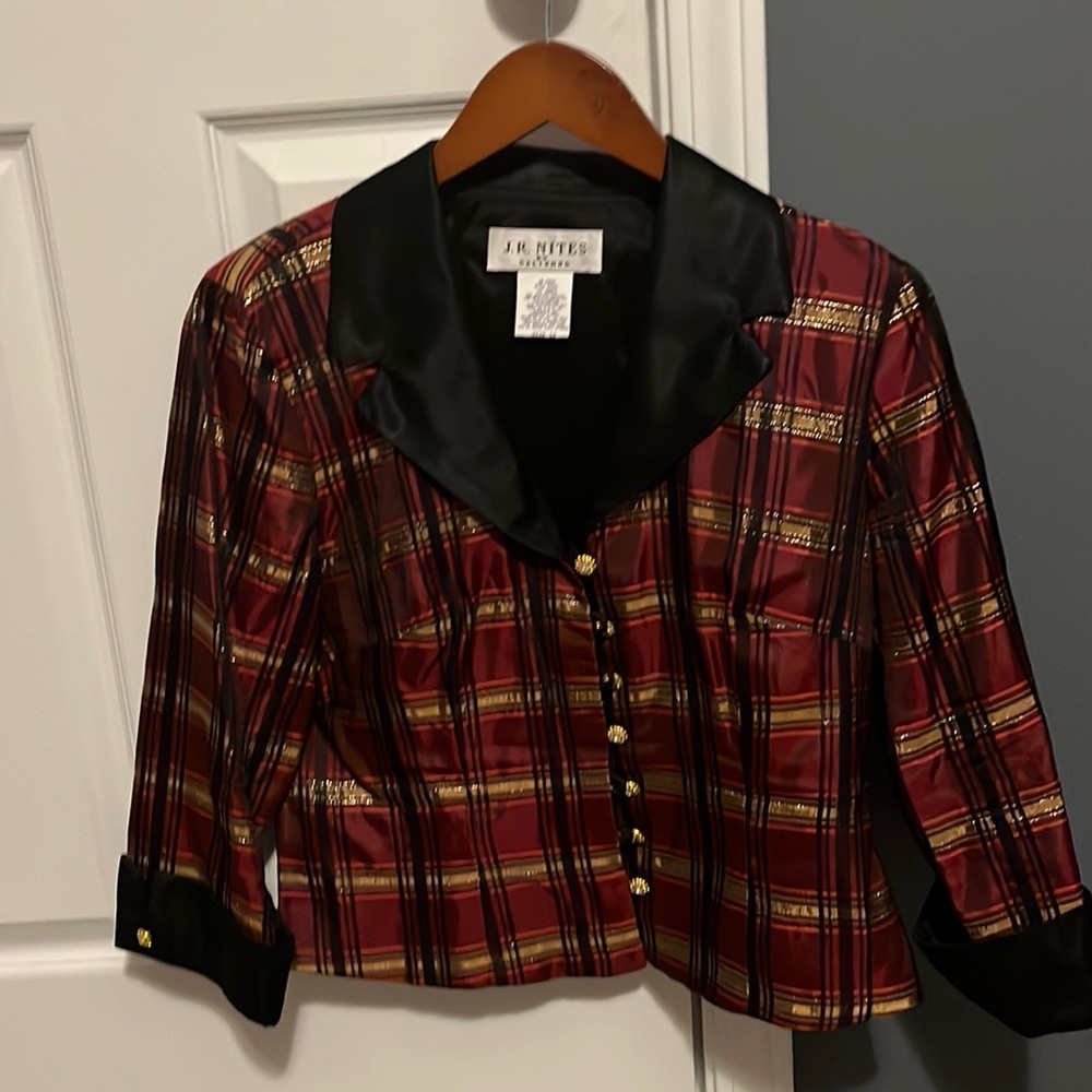 Beautiful J R Nites fancy button up top size 12 deep red, black and gold plaid
